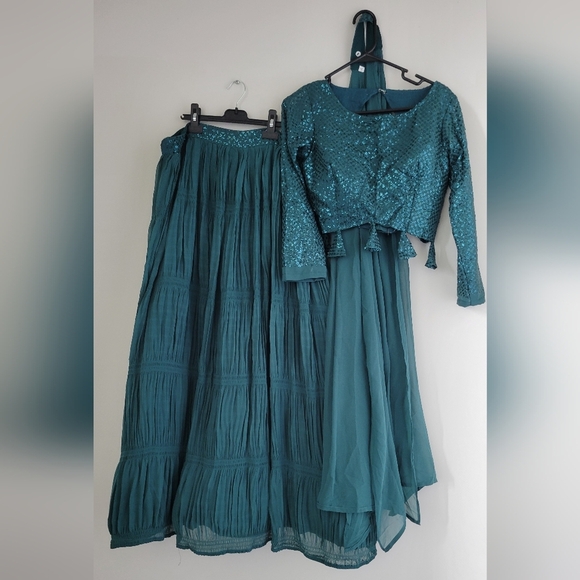 Georgette Pletting Pattern Lehenga Choli with Sequins-Thread Embroidered Green - Picture 3 of 7